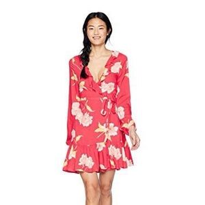 Billabong Dress Size medium Mini Coral Floral Wrap Long Sleeve Ruffle Party